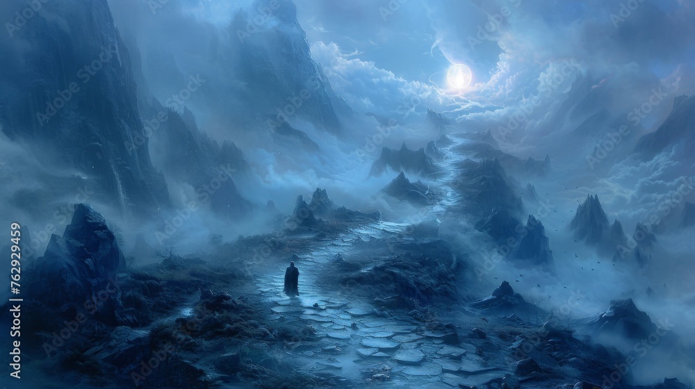 Poster a winding path leads through a misty mountain range with a lone figure walking towards a bright glow