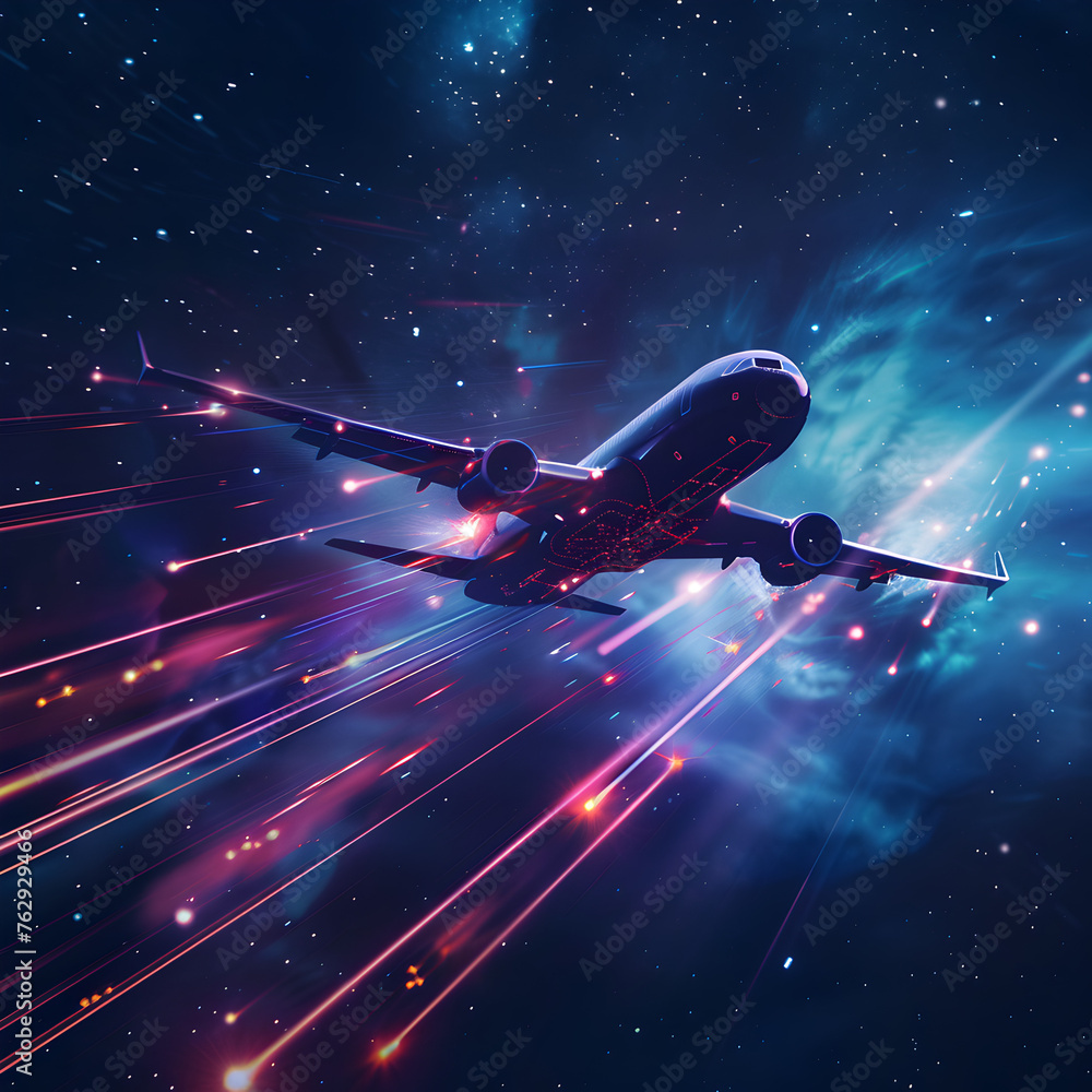 Wall mural an airplane flying in the right direction in the outer space in hologram.