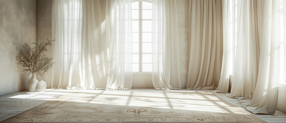 Empty room with roomy curtains and a rug in the style of light white and light brown, Opacity and translucency.Generative AI - obrazy, fototapety, plakaty