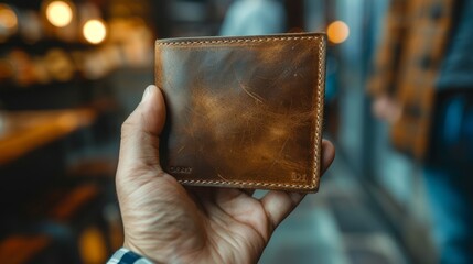 Fototapeta na wymiar Empty brown leather wallet held in hand with plaid sleeve, signifying financial distress