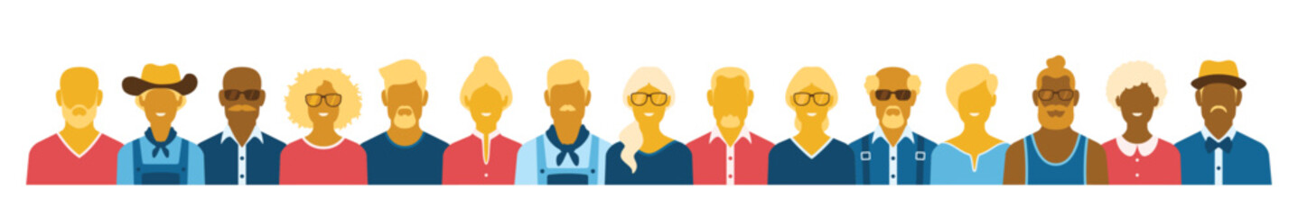 Diverse group of seniors from past eras, such as the silent generation and baby boomers. Perfect for horizontal web banner or header