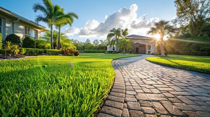 Fototapeta premium Brick path or sidewalk with perspective going into the distance with soft sunlight reflecting of the bricks.Generative AI