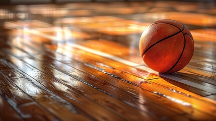 Orange basketball resting on polished wood court with stark white boundary lines - obrazy, fototapety, plakaty