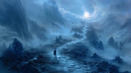 A winding path leads through a misty mountain range with a lone figure walking towards a bright glowing light at the end. The image symbolizes the journey towards inner truth - obrazy, fototapety, plakaty