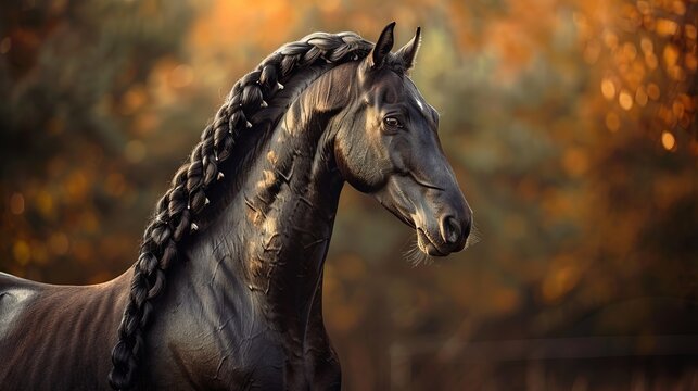 Majestic bay stallion profile with intricate mane plaits against a soft-focus background