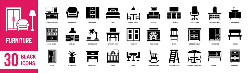 Furniture solid icons set. Furniture, kitchen, bedroom, office, chair, table, shelving, living room, ladder and lamps. Vector illustration