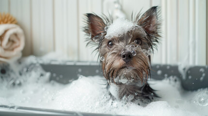 Joyful terrier dog in bathtub full of soap foam. AI generative.Generative AI