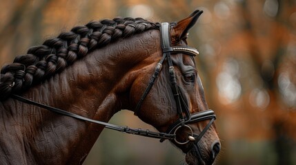 Elegantly braided dark mane on sleek bay horse with black leather bridle