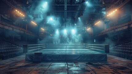 Anticipation fills the arena with an empty ring under the glow of bright stage lights - obrazy, fototapety, plakaty