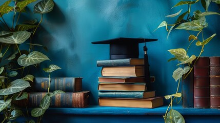 Academic achievements represented by mortarboard and books against a tranquil blue backdrop