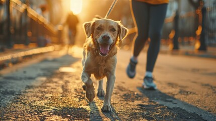Casual stride of a person with a leashed dog amidst a vibrant street marathon - obrazy, fototapety, plakaty