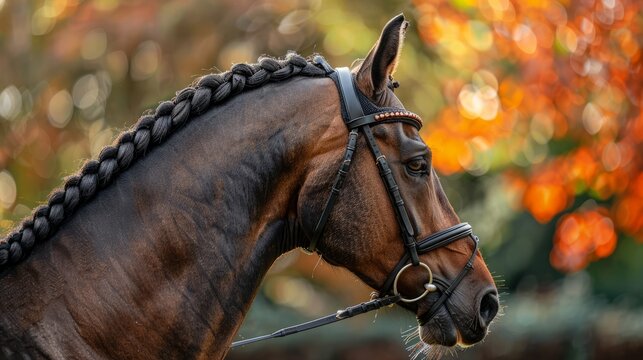 Elegantly braided dark mane on sleek bay horse with black leather bridle