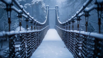 Snowy suspension bridge stands silent, promising a serene passage through wintry woods