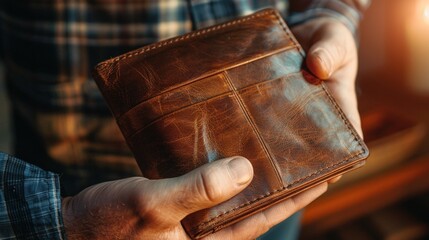 Empty brown leather wallet held in hand with plaid sleeve, signifying financial distress