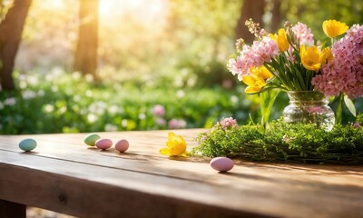 spring background with pink flowers and colorful eggs, Easter - obrazy, fototapety, plakaty