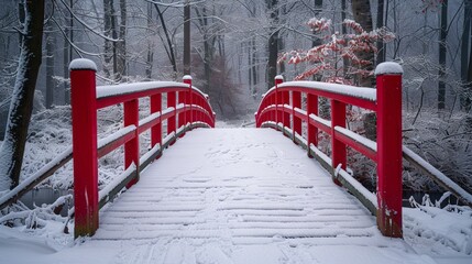 Red rails of the bridge create a striking path into the snowy forest's heart