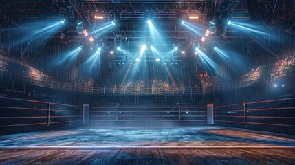 Anticipation fills the arena with an empty ring under the glow of bright stage lights