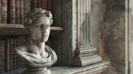Fototapeta premium A closeup of a cracked marble bust its facial features weathered but still dignified sitting on a pedestal in the corner of a grand old library.