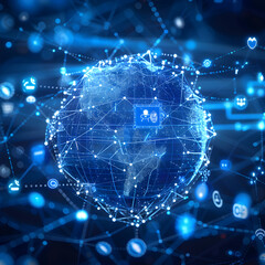 A digital globe at the center, surrounded by interconnected nodes and social media icons.