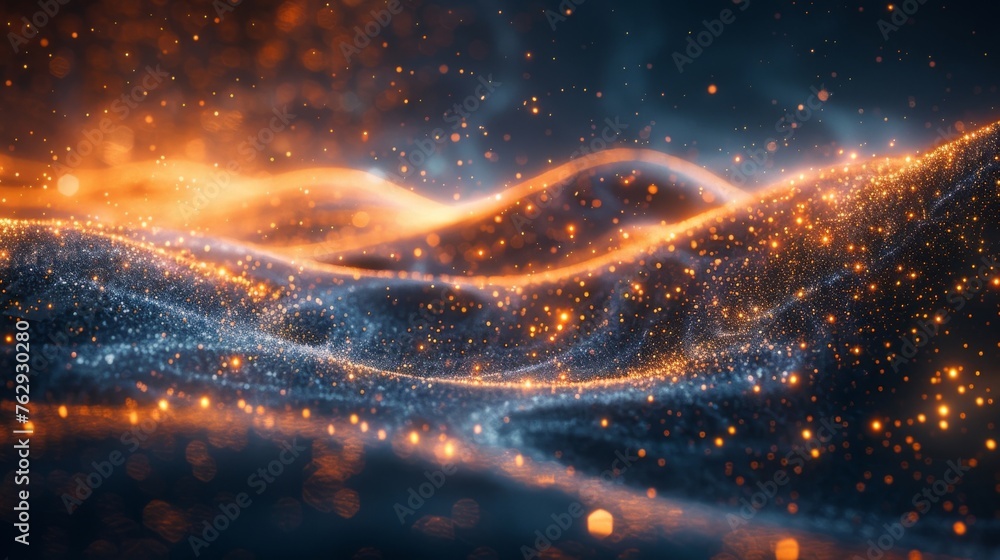 Poster an ethereal scene with shimmering particles and light beams connecting and dancing around each other