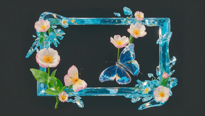 Flowers and butterfly in ice.  A butterfly and flowers in a broken glass frame.