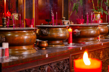 incense sticks for worship in a monastery in Jakarta's Chinatown area. translations: King Guangze, god of family welfare