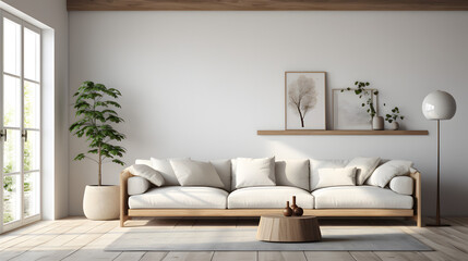 Fototapeta premium Minimalist modern living room interior background, Scandinavian style