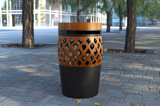 Modern wooden trash can isolated on white background, public garbage container with a sleek and innovative design for parks, streets, and urban environments, promoting cleanliness and sustainability.
