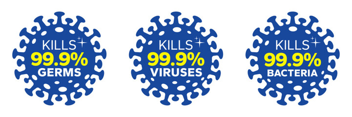 Kills 99.9% bacteria, germs and viruses . Antibacterial and antiviral defence, protection infection. Vector Illustration