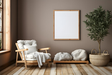 Mock up frame in children room with natural wooden furniture, Farmhouse style interior background 