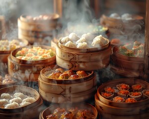 Dim sum variety in bamboo steamers open lids - obrazy, fototapety, plakaty