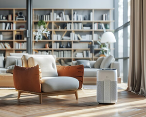 Living room with air purifier surrounded by bookshelves and armchair