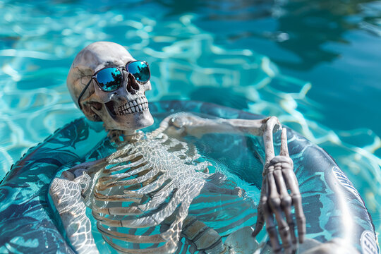 Cool skeleton with sunglasses relaxing in pool floatie
