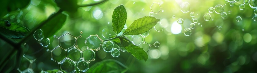 Green leaves glistening with dew are intertwined with a molecular structure graphic, symbolizing the biological process of photosynthesis. - obrazy, fototapety, plakaty
