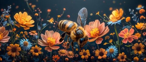 Bee On Wildflowers.  Illustration On The Theme Of Floral Patterns And Textures. Generative AI	
 - obrazy, fototapety, plakaty