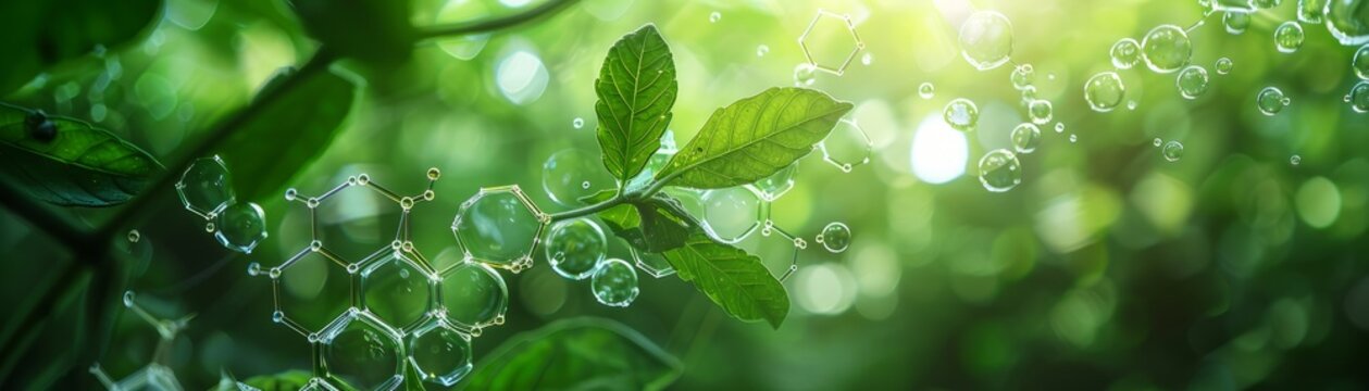 Green leaves glistening with dew are intertwined with a molecular structure graphic, symbolizing the biological process of photosynthesis.