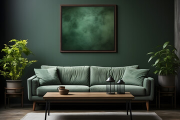 Mockup frame close up in dark green farmhouse living room interior - obrazy, fototapety, plakaty