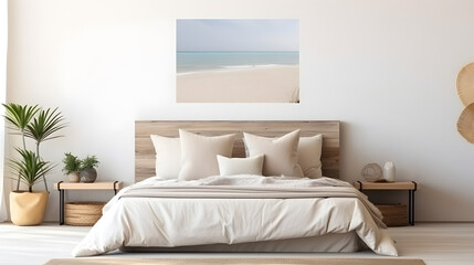 Fototapeta na wymiar Mockup frame in bedroom interior background, room in light pastel colors