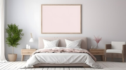 Mockup frame in bedroom interior background, room in light pastel colors