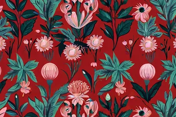 Keuken spatwand met foto Red and pink floral illustrated art in city park. Captivating floral scenery.   © Amila Vector