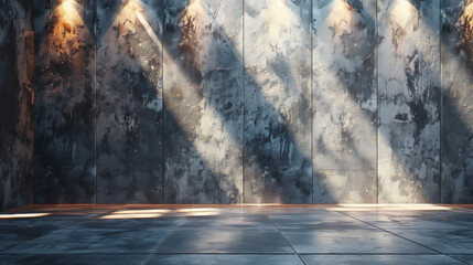 Concrete wall and floor are bathed in the warm glow of spotlights, illuminating the rugged texture and raw beauty of the surfaces