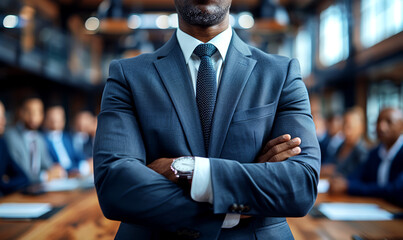 Portrait of confident african businessman with arms crossed standing in office. - 762931447
