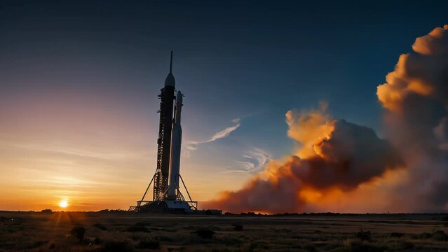 Against a sunset sky, a massive rocket stands poised on the launch pad. 