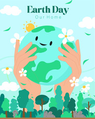 Happy earth day, Hands holding cute earth for prints, flyers, covers, banners design. Eco concepts. Vector illustration