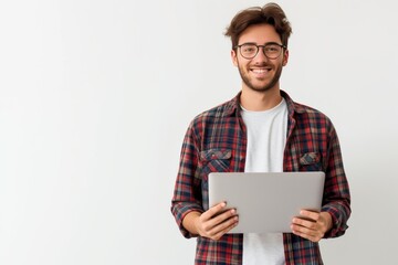 Cheerful young man with eyeglasses holding a laptop standing against a white background, concept of technology and modern freelance work