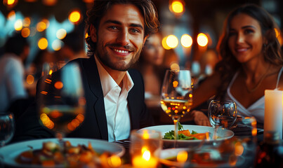 Restaurant. Group of happy young people in formalwear having dinner together while sitting at the table. - 762931676