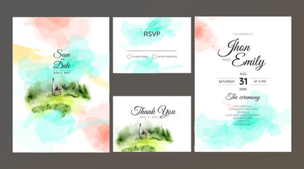 Vector watercolor village landscape wedding invitation template