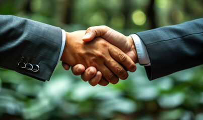 Businessmen shaking hands in the park. Business, partnership and handshake concept. - 762931828