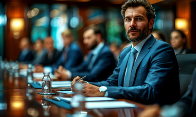 Portrait of a businessman sitting at a table in a conference room. - 762931862