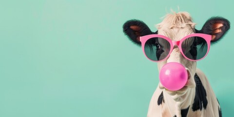 Adorable cow looking trendy in sunglasses and blowing bubble gum on a chic mint green backdrop, adding a touch of humor and playfulness to any design concept or project. - obrazy, fototapety, plakaty